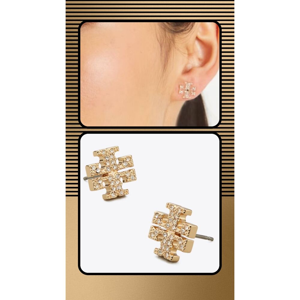 TORY BURCH Kira Big Pave Double T Logo Stud Earrings